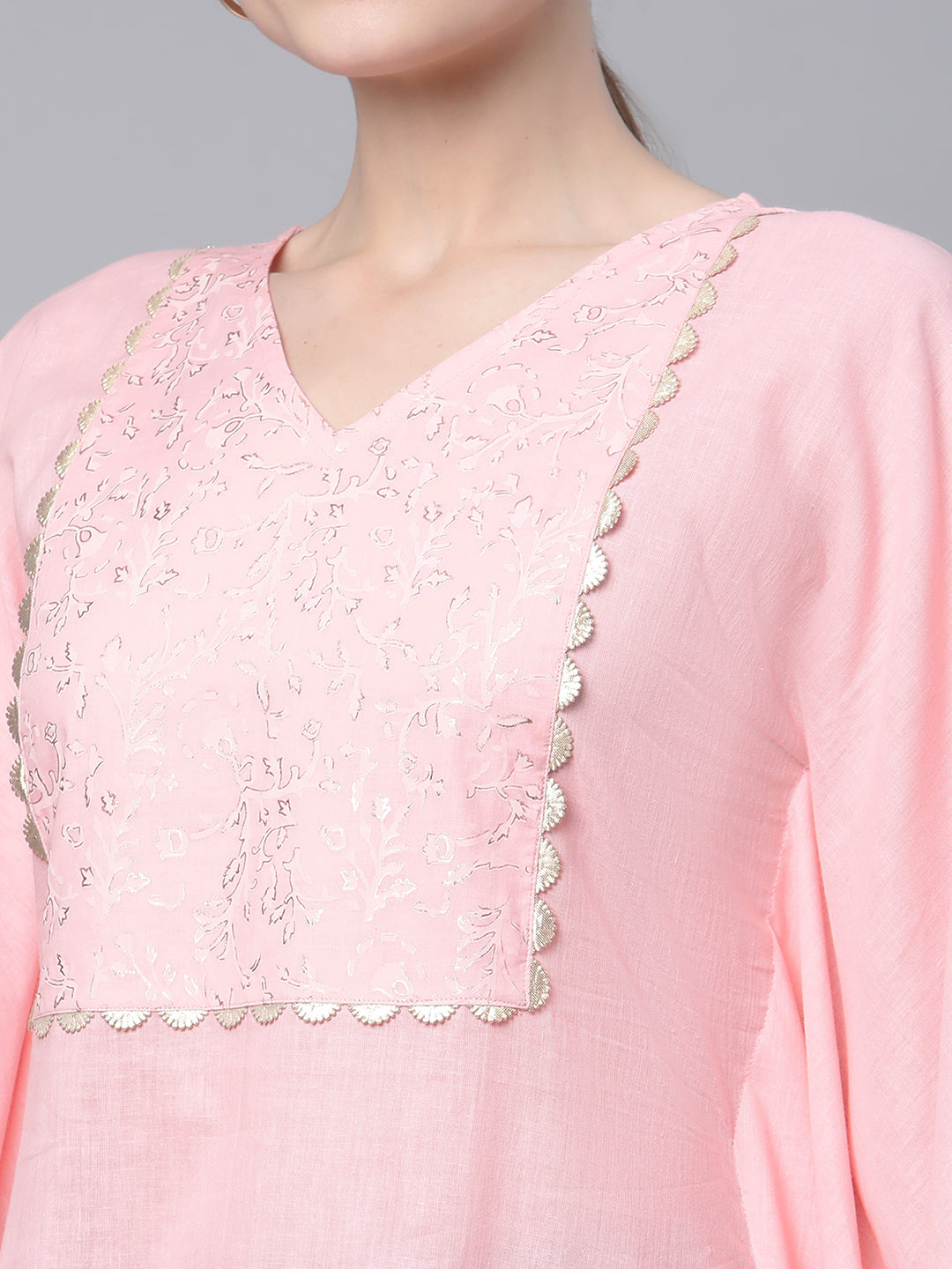 Women's Light Pink Cotton Printed Flared Sleeve Kaftan Kurta By Ah