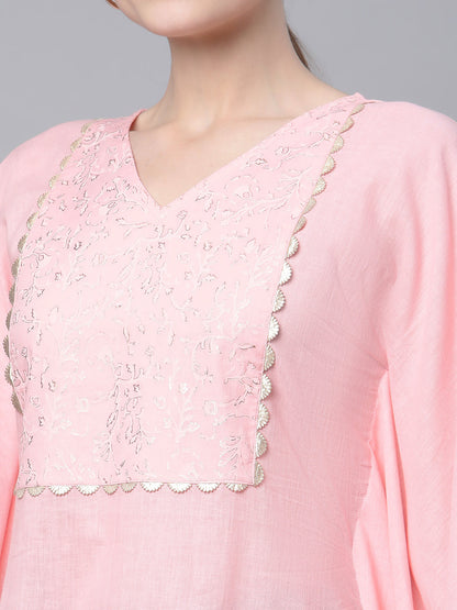Women's Light Pink Cotton Printed Flared Sleeve Kaftan Kurta By Ah