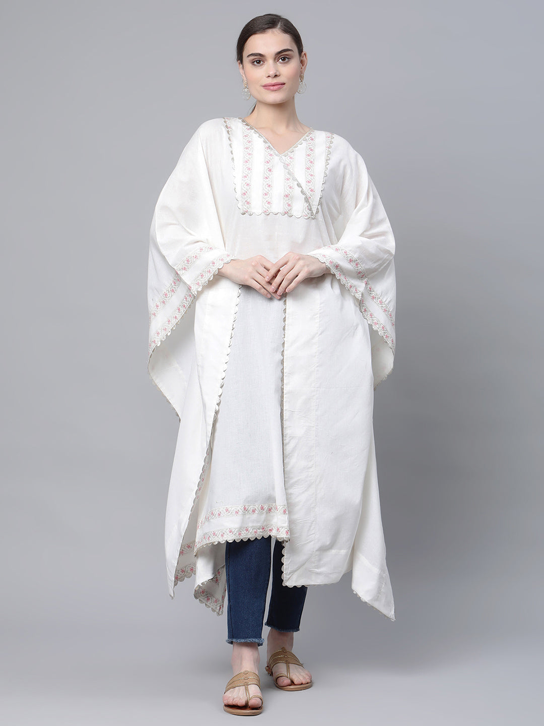 Women's Off White Cotton Printed Flared Sleeve Kaftan Kurta By Ah