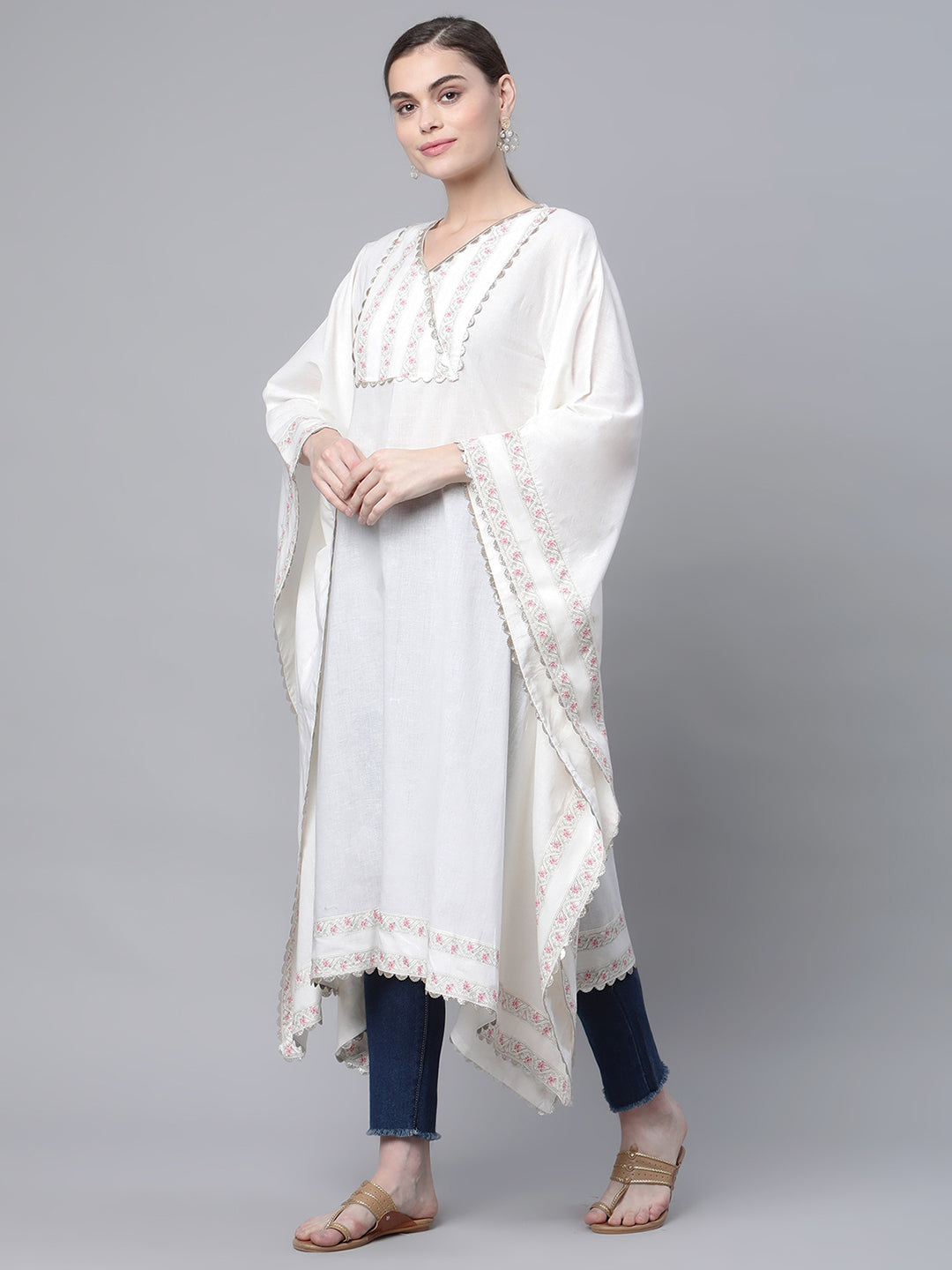 Women's Off White Cotton Printed Flared Sleeve Kaftan Kurta By Ah