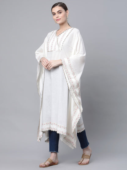 Women's Off White Cotton Printed Flared Sleeve Kaftan Kurta By Ah
