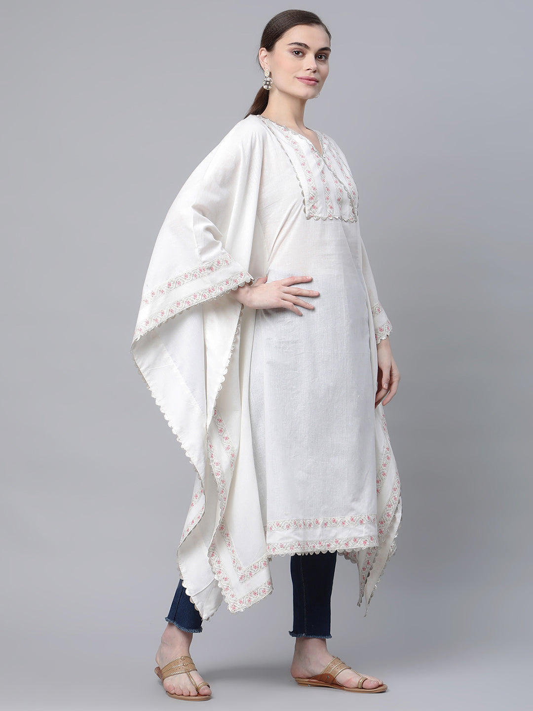 Women's Off White Cotton Printed Flared Sleeve Kaftan Kurta By Ah