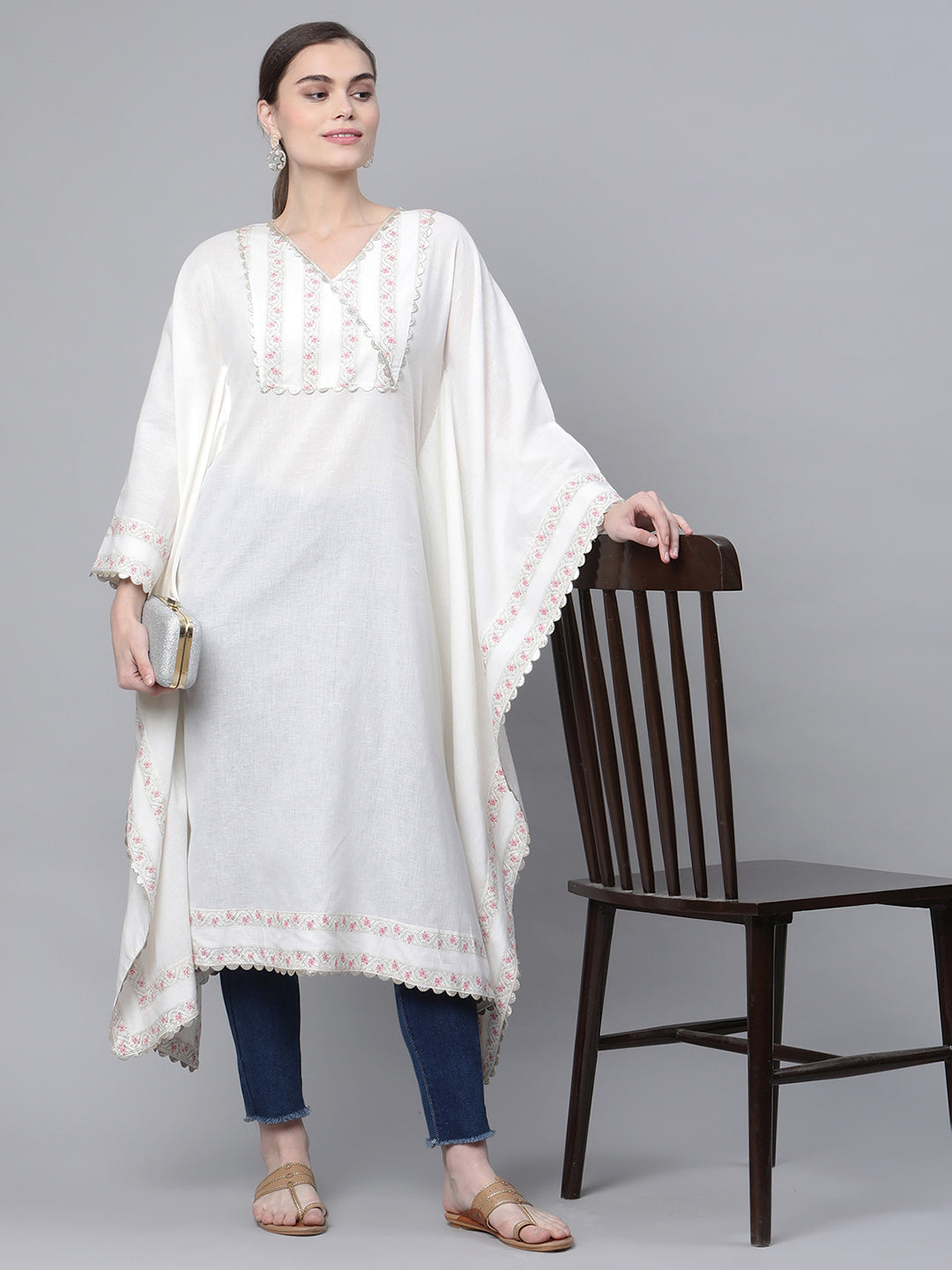Women's Off White Cotton Printed Flared Sleeve Kaftan Kurta By Ah