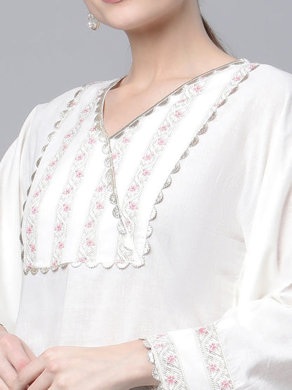 Women's Off White Cotton Printed Flared Sleeve Kaftan Kurta By Ah
