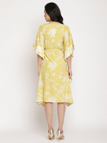 Women's Lime Green & Off White Floral Printed Flared Sleeves Floral Kaftan Kurt