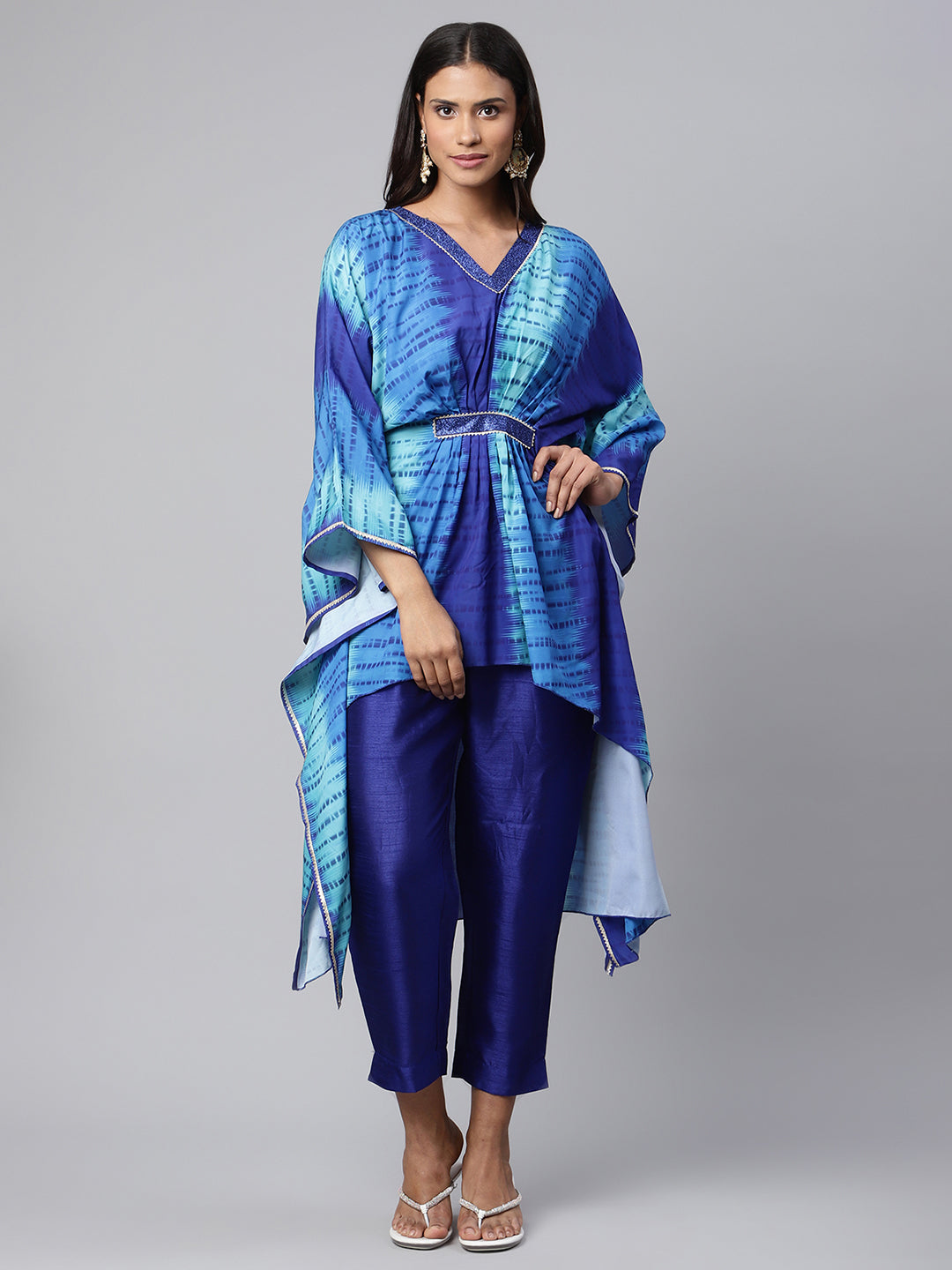 Women's Royal Blue Crepe Digital Printed Kaftan Kurta