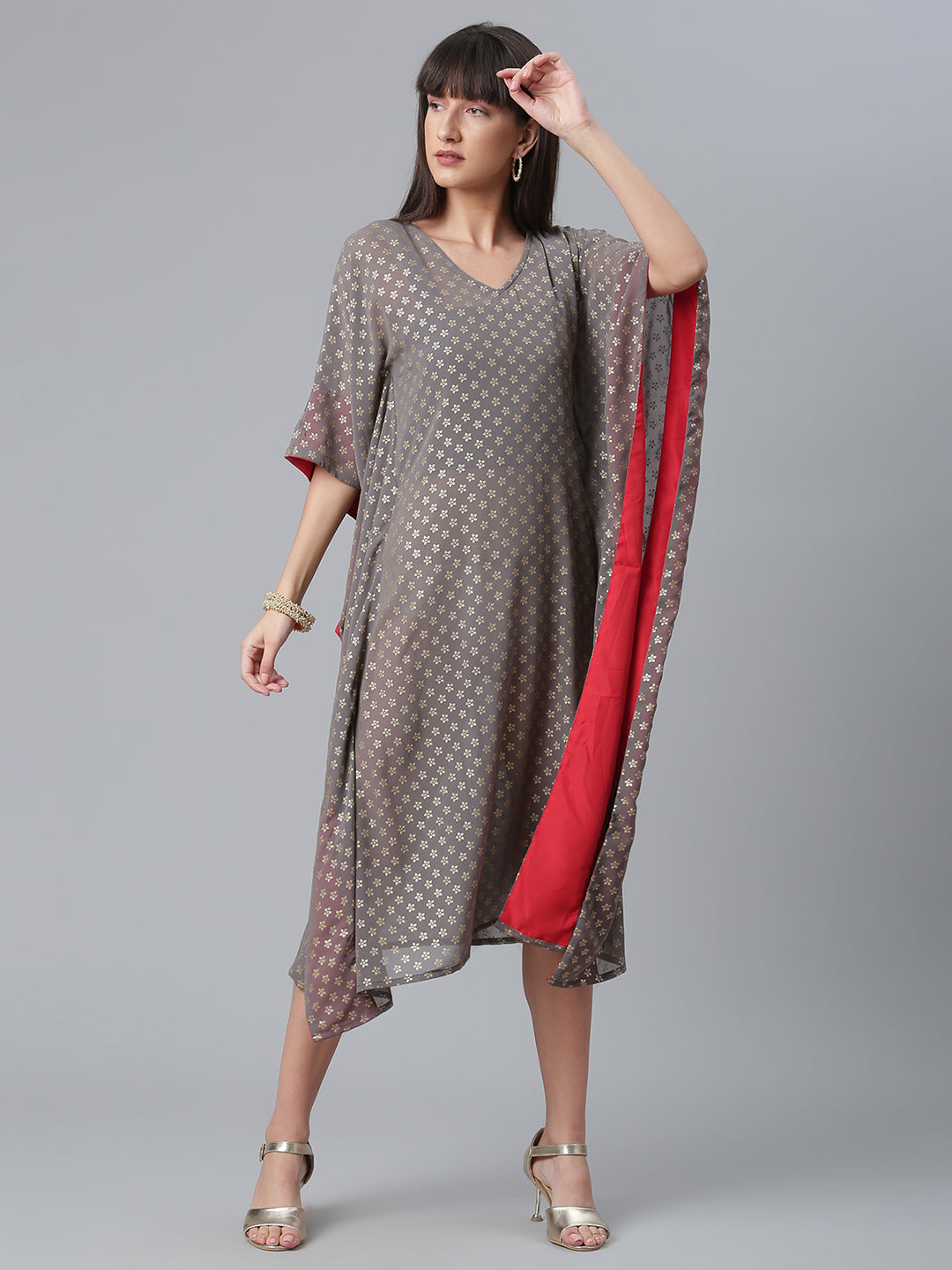 Women's Georgette Grey Colour Gold Foil Printed Kaftan