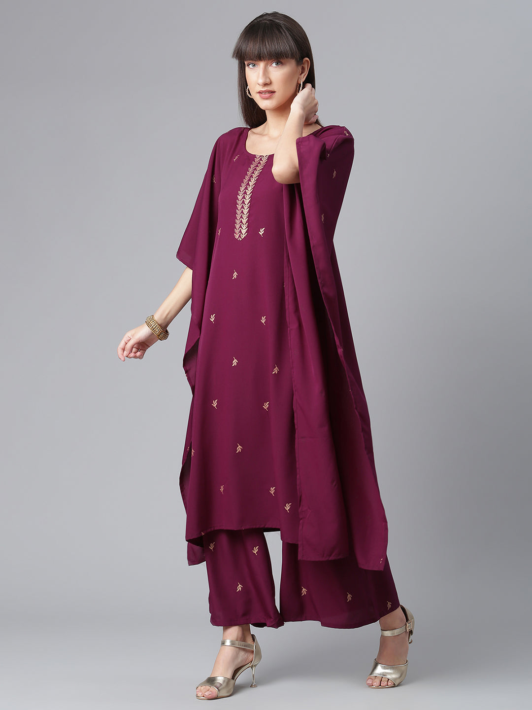 Women's Crepe Wine Kaftan With Bottom