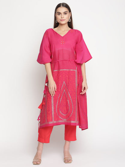 Women's  Pink Chanderi Orange Khari Print Kaftan With Trouse
