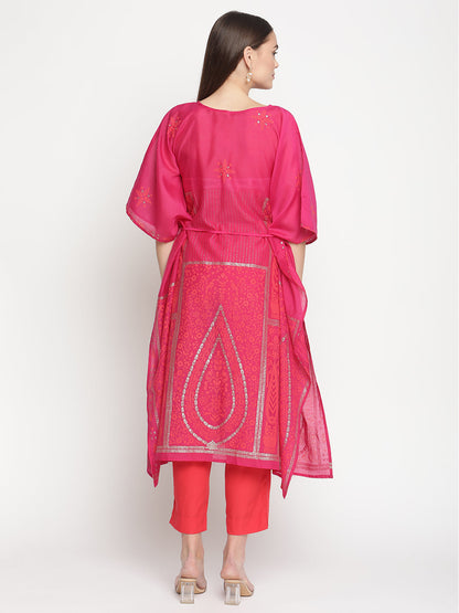 Women's  Pink Chanderi Orange Khari Print Kaftan With Trouse