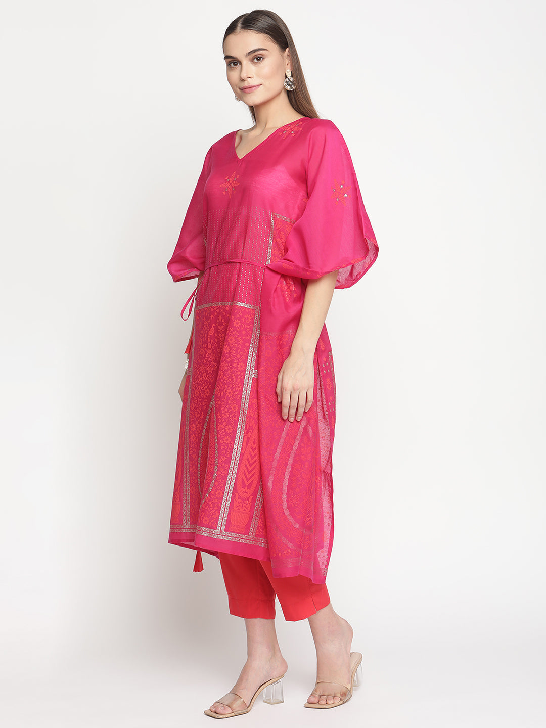 Women's  Pink Chanderi Orange Khari Print Kaftan With Trouse