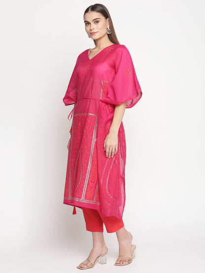Women's  Pink Chanderi Orange Khari Print Kaftan With Trouse