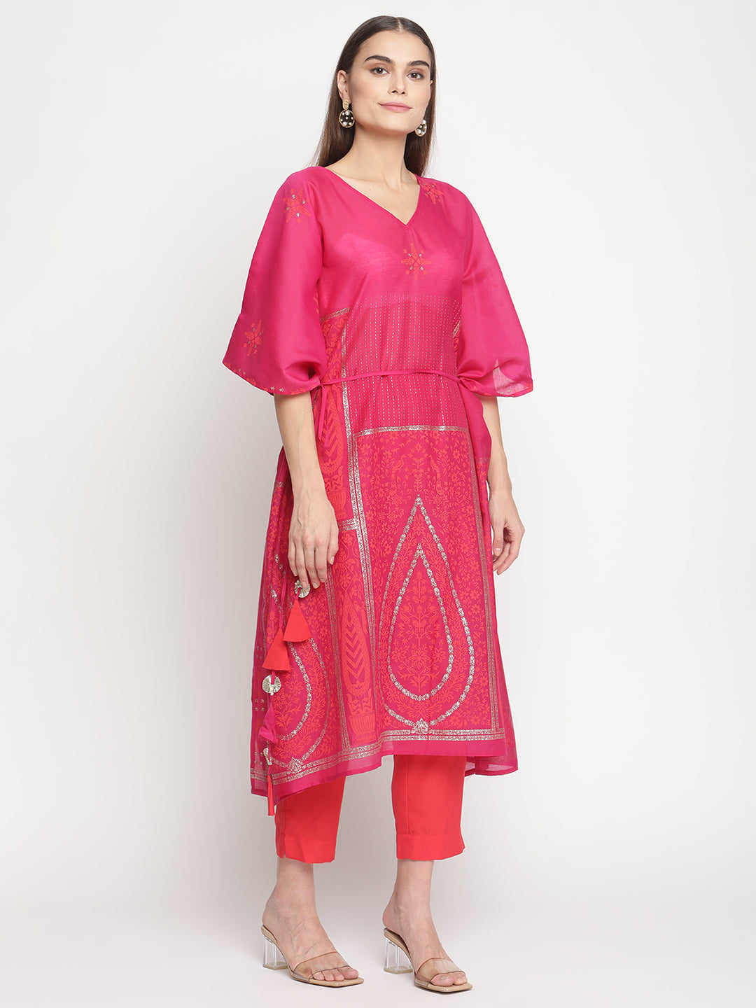Women's  Pink Chanderi Orange Khari Print Kaftan With Trouse