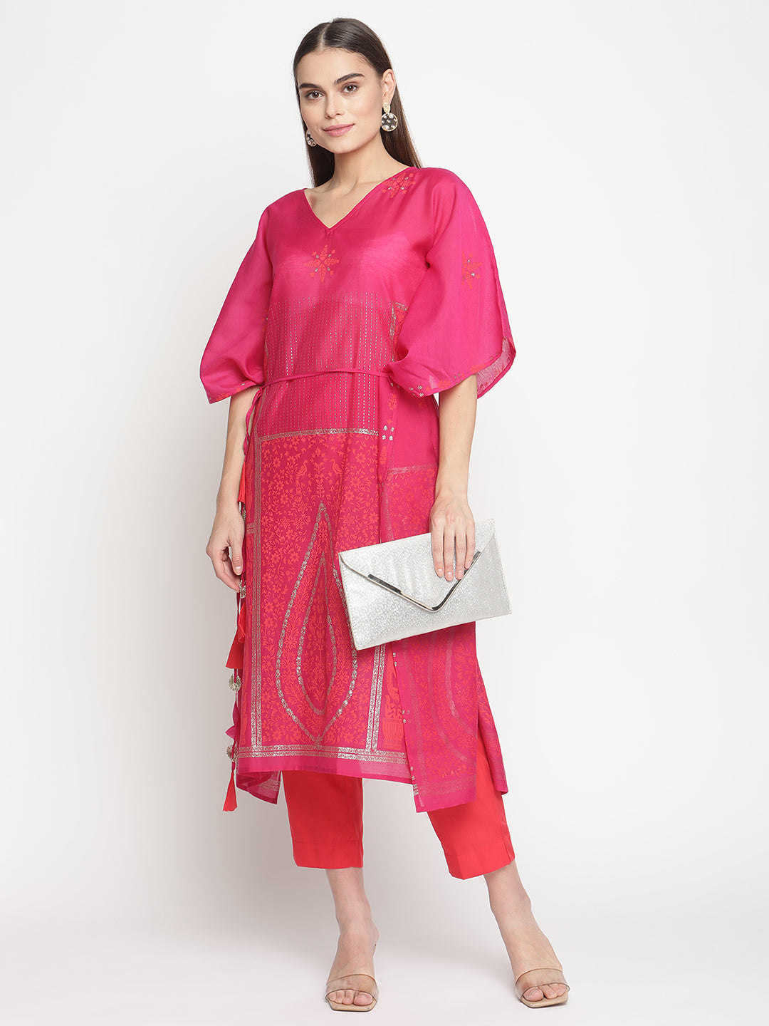 Women's  Pink Chanderi Orange Khari Print Kaftan With Trouse