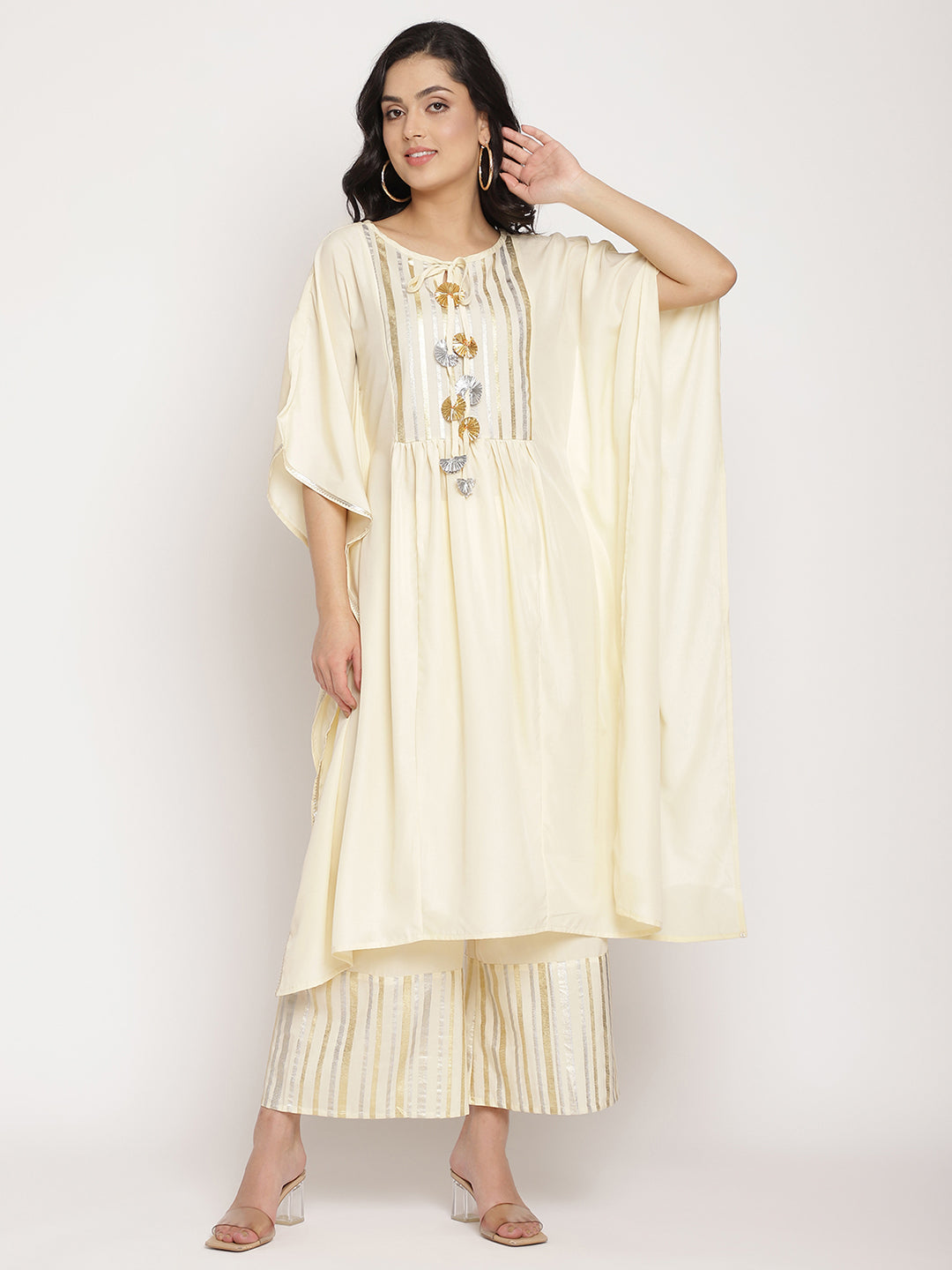Women's Off White Printed Gotta Patti Kaftan Style Kurta With Palazzo