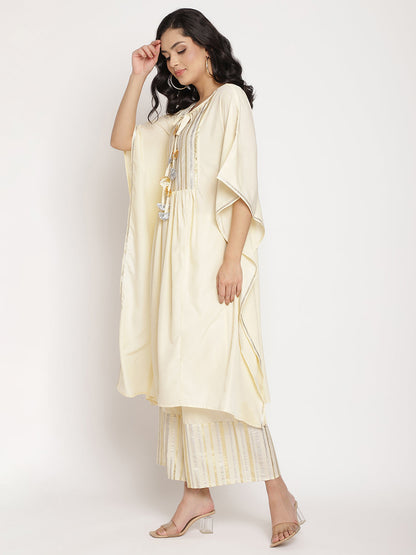 Women's Off White Printed Gotta Patti Kaftan Style Kurta With Palazzo