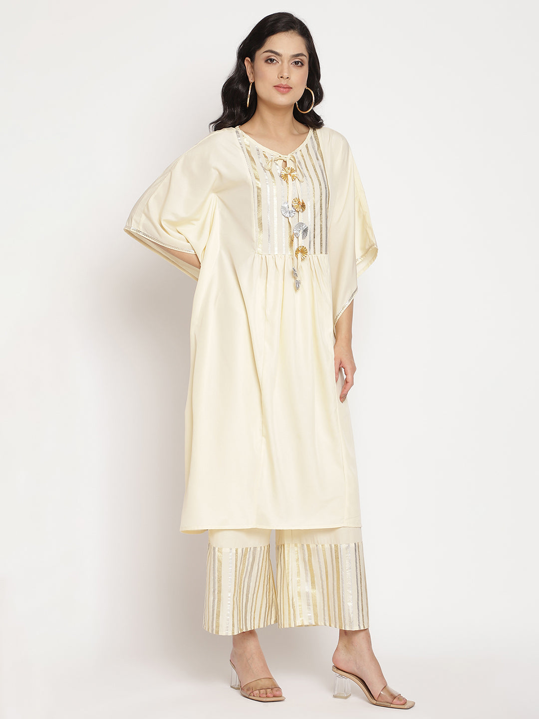 Women's Off White Printed Gotta Patti Kaftan Style Kurta With Palazzo