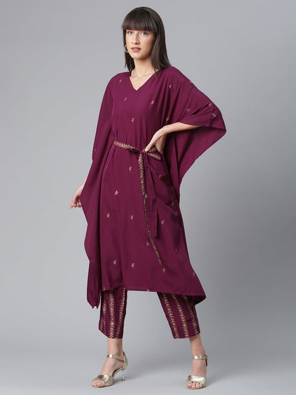 Women's Crepe Wine Kaftan With Bottom