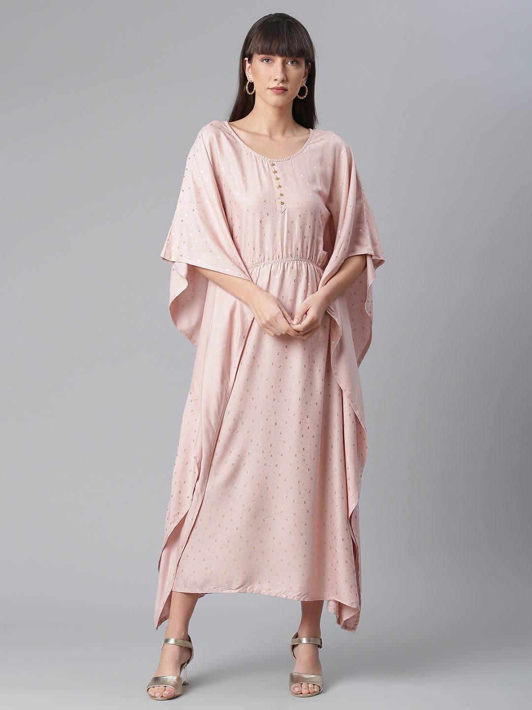 Women's Rayon Pink Gold Foil Printed Kaftan