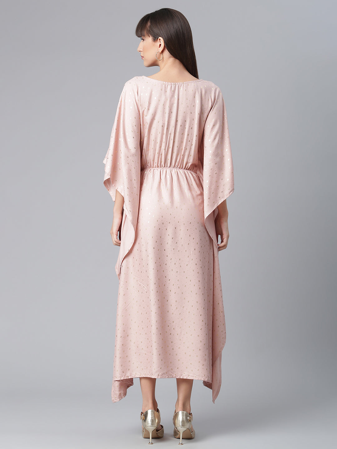 Women's Rayon Pink Gold Foil Printed Kaftan