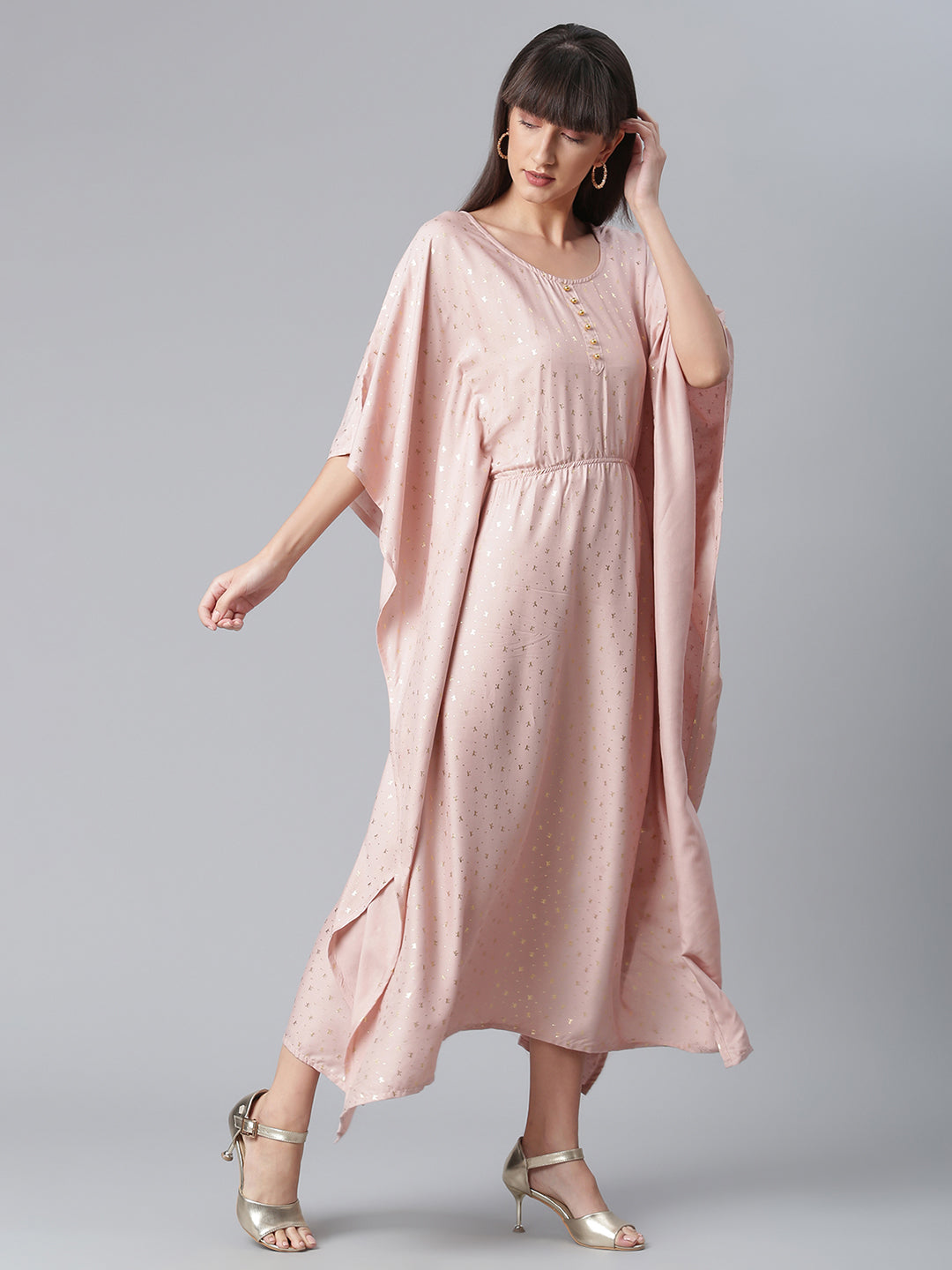 Women's Rayon Pink Gold Foil Printed Kaftan
