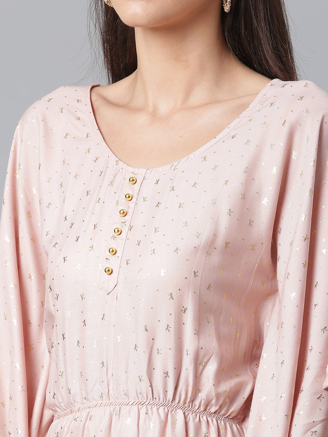 Women's Rayon Pink Gold Foil Printed Kaftan