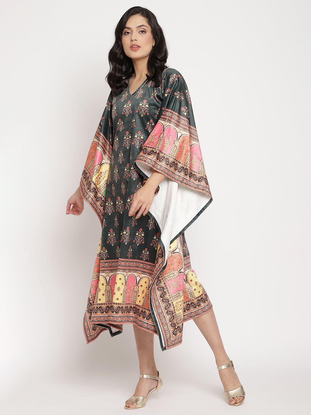 Women's Dark Green Digital Print Velvet Kafta