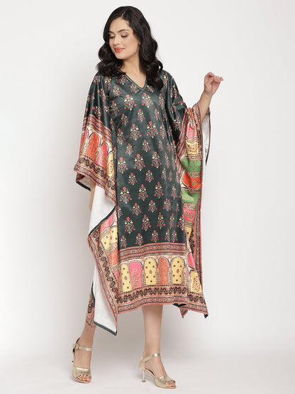 Women's Dark Green Digital Print Velvet Kafta