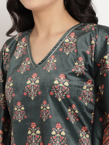 Women's Dark Green Digital Print Velvet Kafta