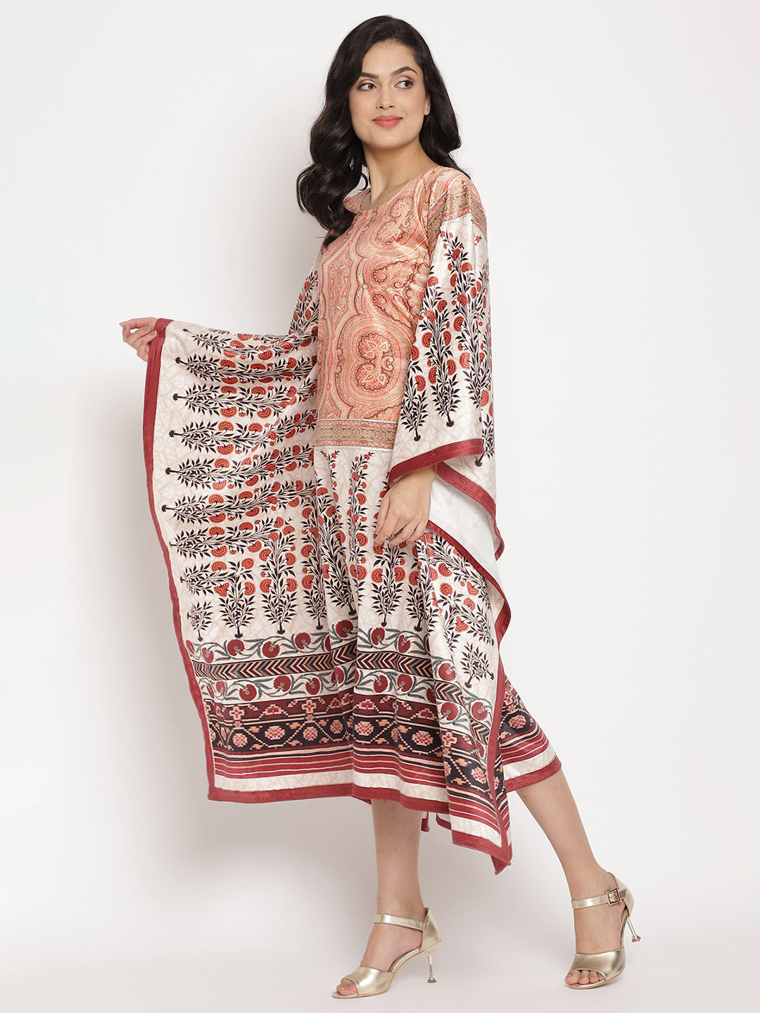 Women's Beige Color Digital Print Velvet Kafta