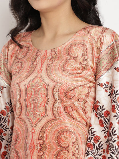 Women's Beige Color Digital Print Velvet Kafta
