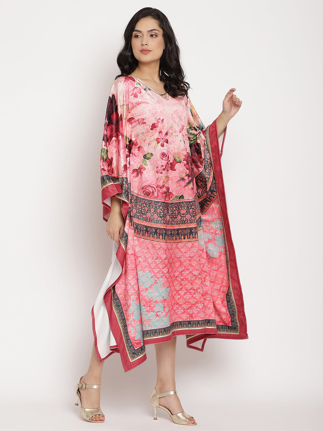 Women's Pink Color Digital Print Velvet Kafta