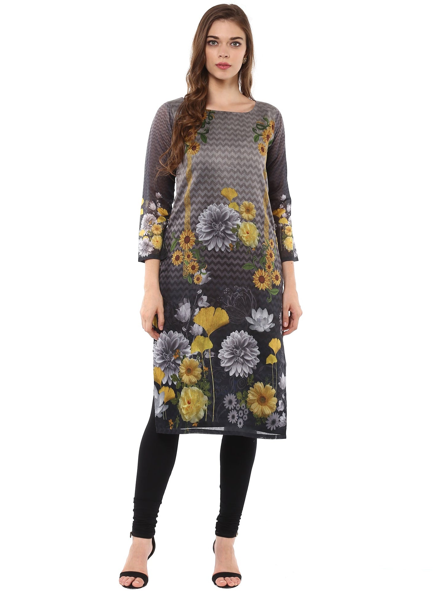 Women's Digital Printed Floral Black Chanderi Only Kurta