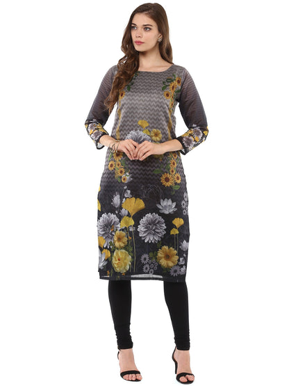Women's Digital Printed Floral Black Chanderi Only Kurta