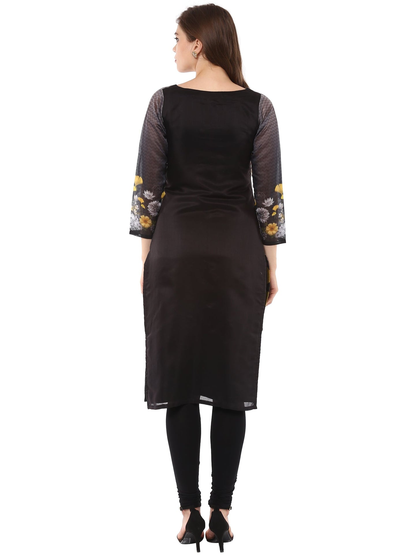Women's Digital Printed Floral Black Chanderi Only Kurta