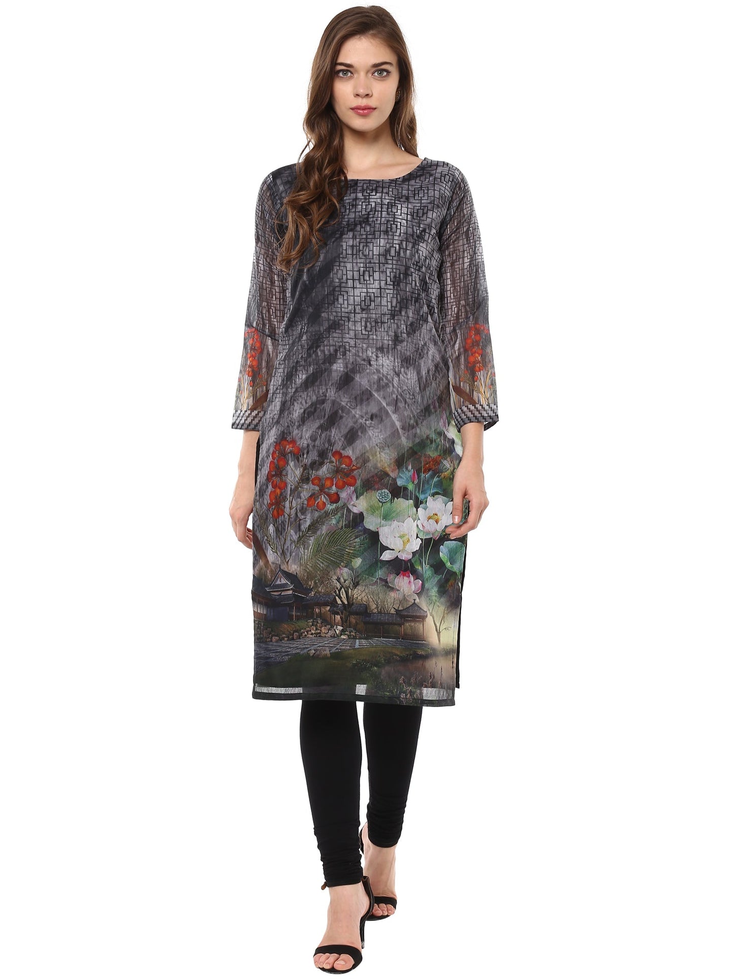 Women's Digital Printed Zen Black Chanderi Only Kurta