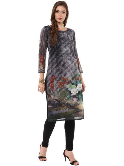 Women's Digital Printed Zen Black Chanderi Only Kurta