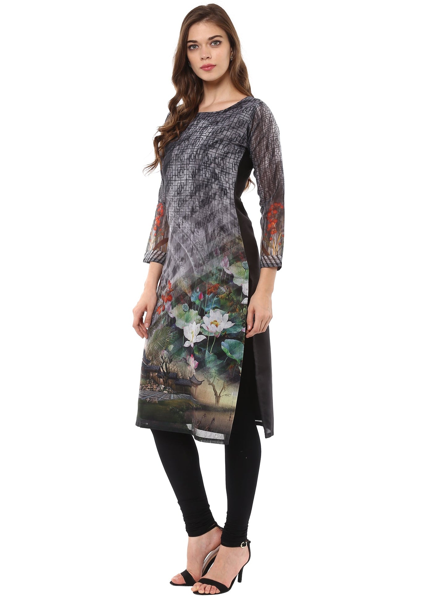 Women's Digital Printed Zen Black Chanderi Only Kurta