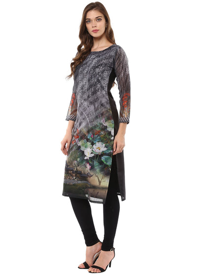 Women's Digital Printed Zen Black Chanderi Only Kurta