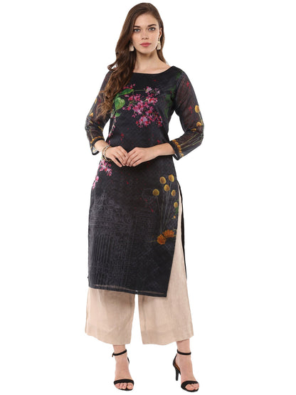 Women's Digital Printed Black Chanderi Floral Only Kurta