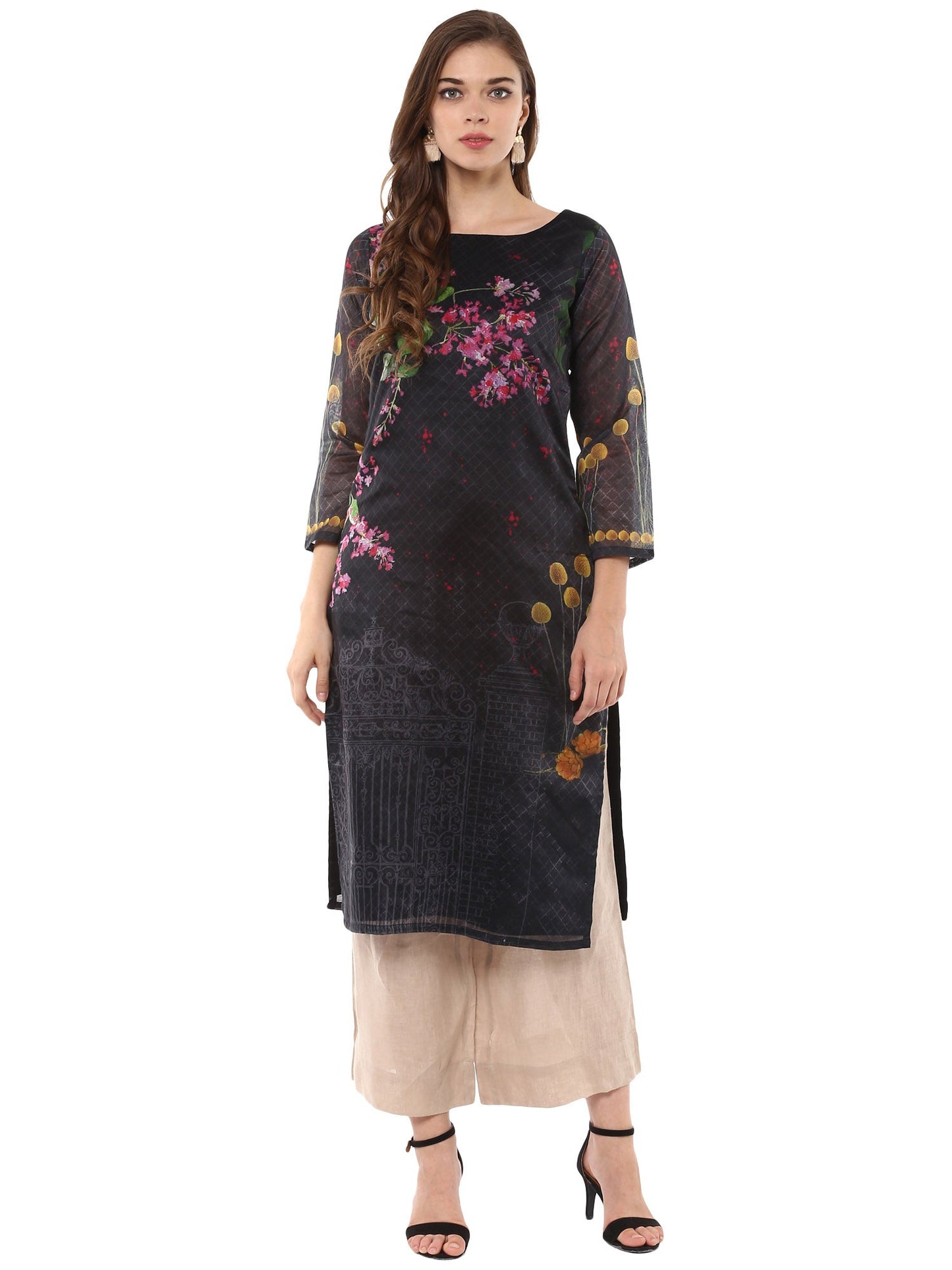 Women's Digital Printed Black Chanderi Floral Only Kurta