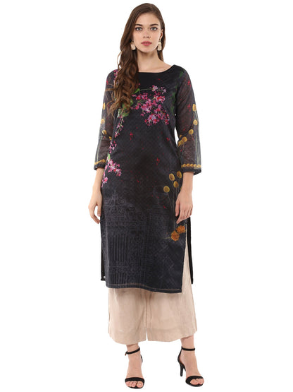 Women's Digital Printed Black Chanderi Floral Only Kurta