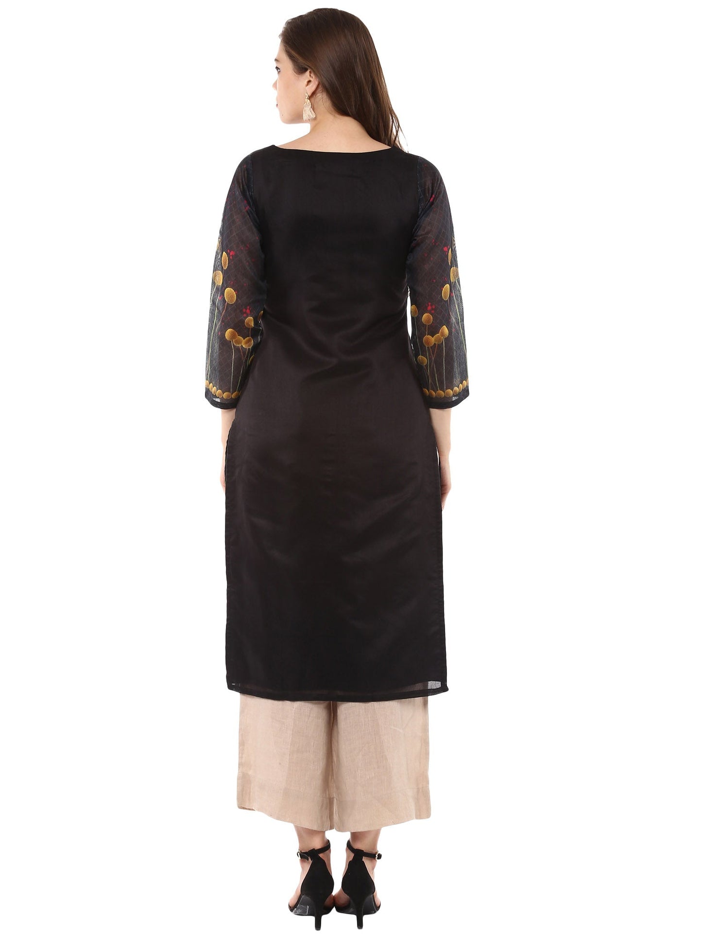Women's Digital Printed Black Chanderi Floral Only Kurta