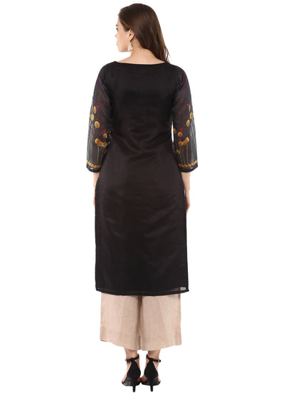 Women's Digital Printed Black Chanderi Floral Only Kurta