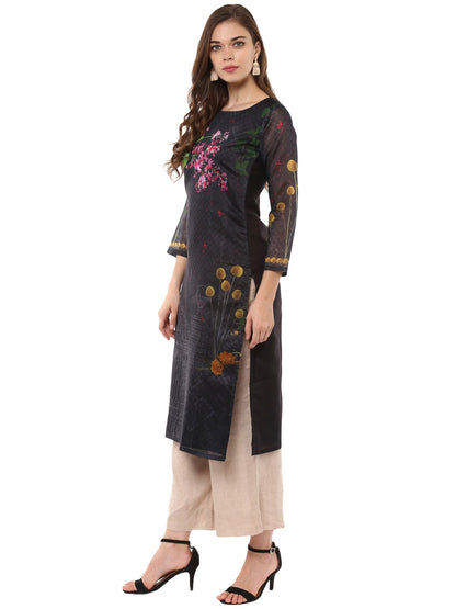 Women's Digital Printed Black Chanderi Floral Only Kurta