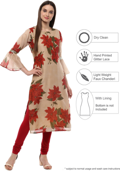Women's Beige Chanderi Floral Digital Print Kurta