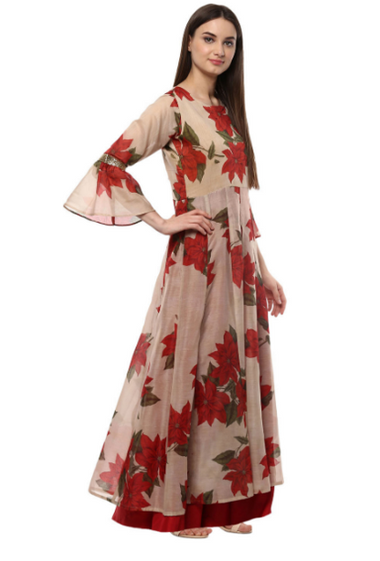 Women's Beige Chanderi Digital Print Long Kurta Dress