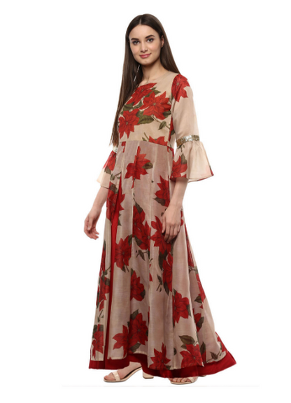 Women's Beige Chanderi Digital Print Long Kurta Dress