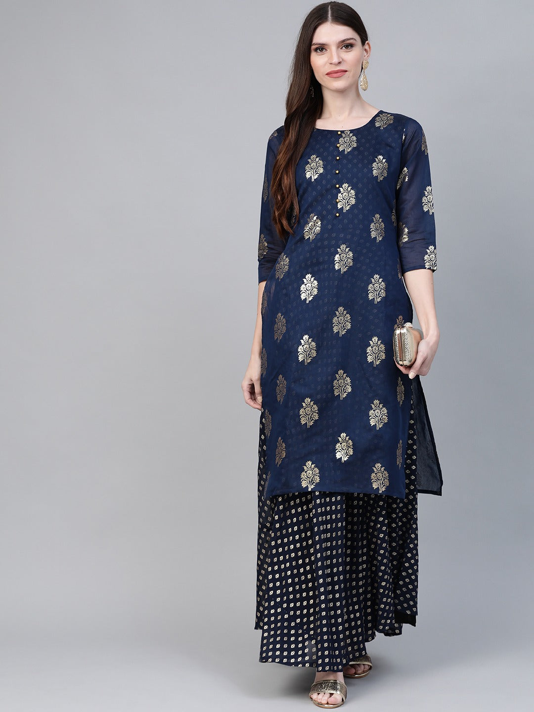 Women's Navy Blue Chanderi Silk Printed Kurta With Attached Gown
