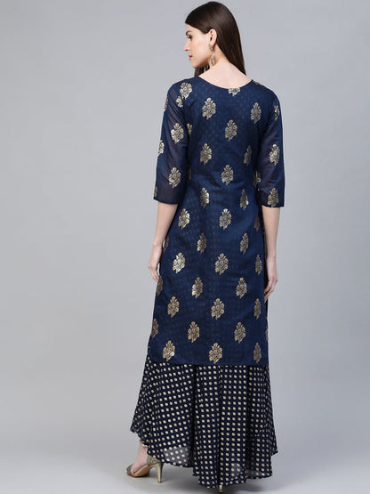 Women's Navy Blue Chanderi Silk Printed Kurta With Attached Gown
